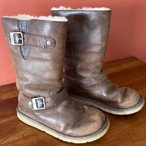 Brown UGG Leather Buckle Boots with Shearling Lining